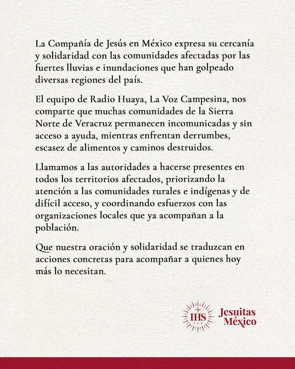 Jesuitas_Mexico's tweet image. 🙏 La Compañía de Jesús en México expresa su cercanía y solidaridad con las comunidades afectadas por las fuertes lluvias e inundaciones que han golpeado diversas regiones del país.