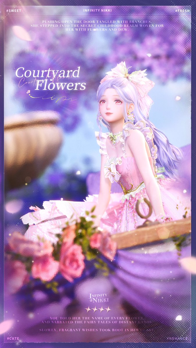 InfinityNikkiEN's tweet image. ♾️Whimsical Wardrobe | Courtyard Flowers
&amp;gt;&amp;gt;Main Attribute: Sweet
Pushing open the door tangled with branches, she stepped into the secret childhood realm woven for her with flowers and dew. You told her the name of every flower, and narrated the fairy tales of distant lands.…