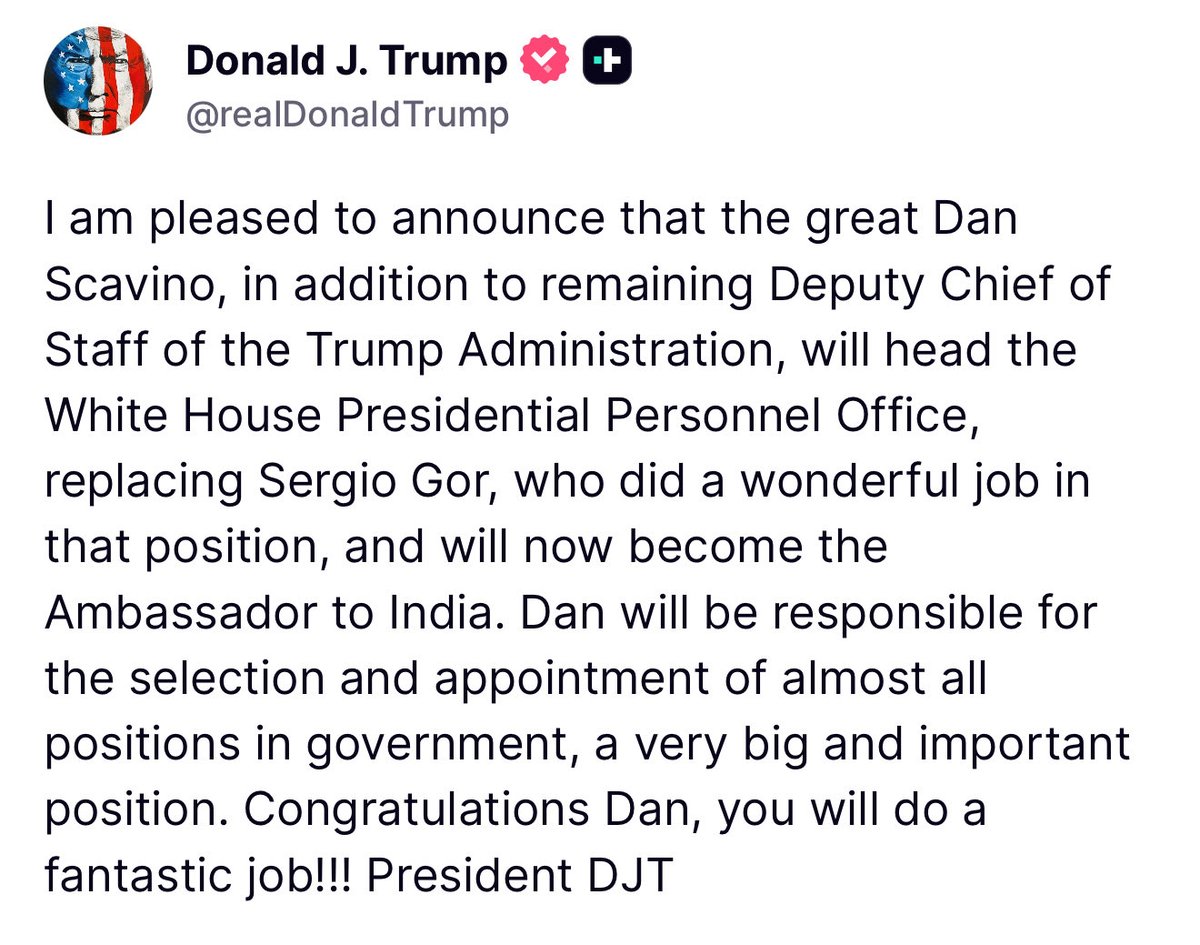 TONYxTWO's tweet image. President Trump announces new position for Dan Scavino - Head of the White House Presidential Personnel Office 🔥👏🏼

Well deserved, @DanScavino !!!