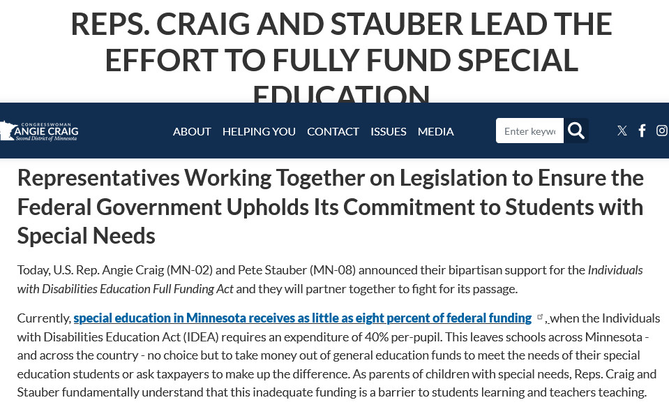 McPhersonHall's tweet image. Full funding for Individuals with Disabilities was always something that retired Education Comm Chair John Kline (GOP MNCD2) advocated 
Now the effort is being led by #MN08 @RepPeteStauber and #MN02 @RepAngieCraig 

WHY hasn't #MN01 @RepFinstad sponsored #HR2598 IDEA Full Funding