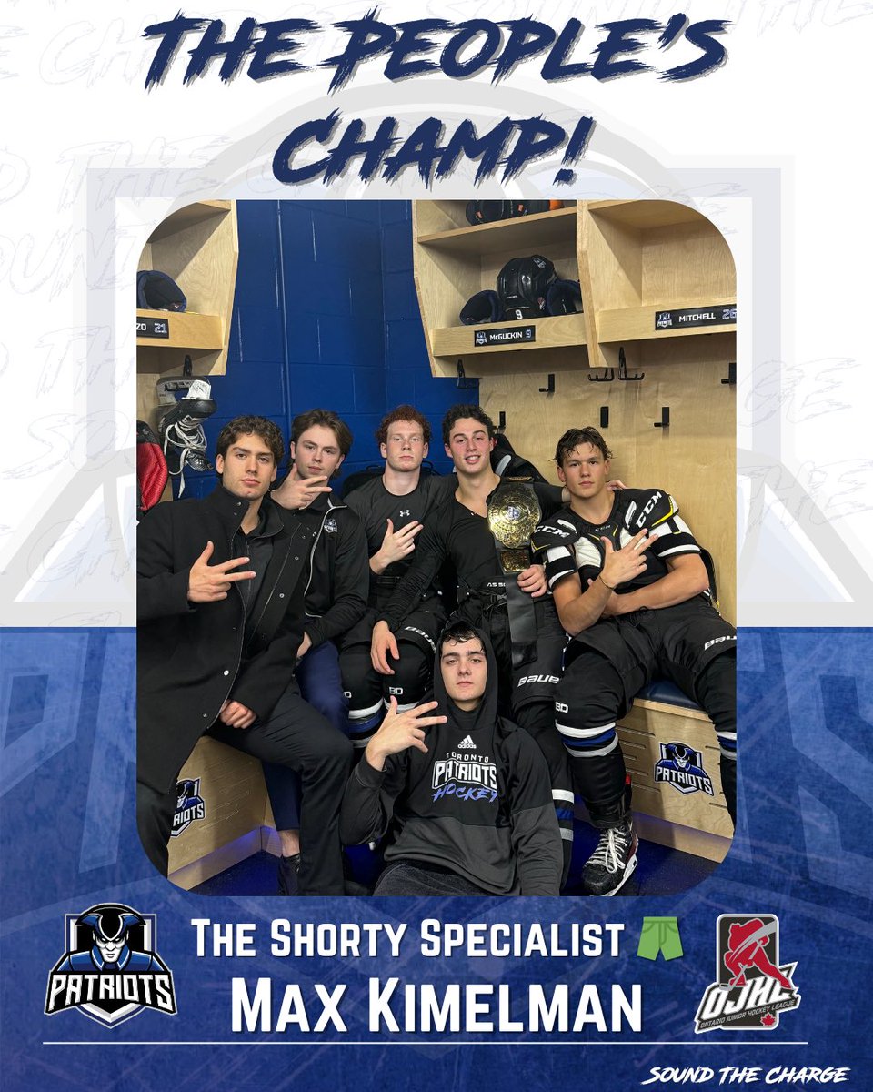 🏆 The People’s Champ 🏆

The Shorty Specialist 🩳

Tonight’s belt goes to Max Kimelman! Bringing the physical edge all night and burying a shorthanded beauty off the rush, Max set the tone on both sides of the puck.

Who’s next?
#ojhl #torontopatriots #fyp #toronto #hockey #win