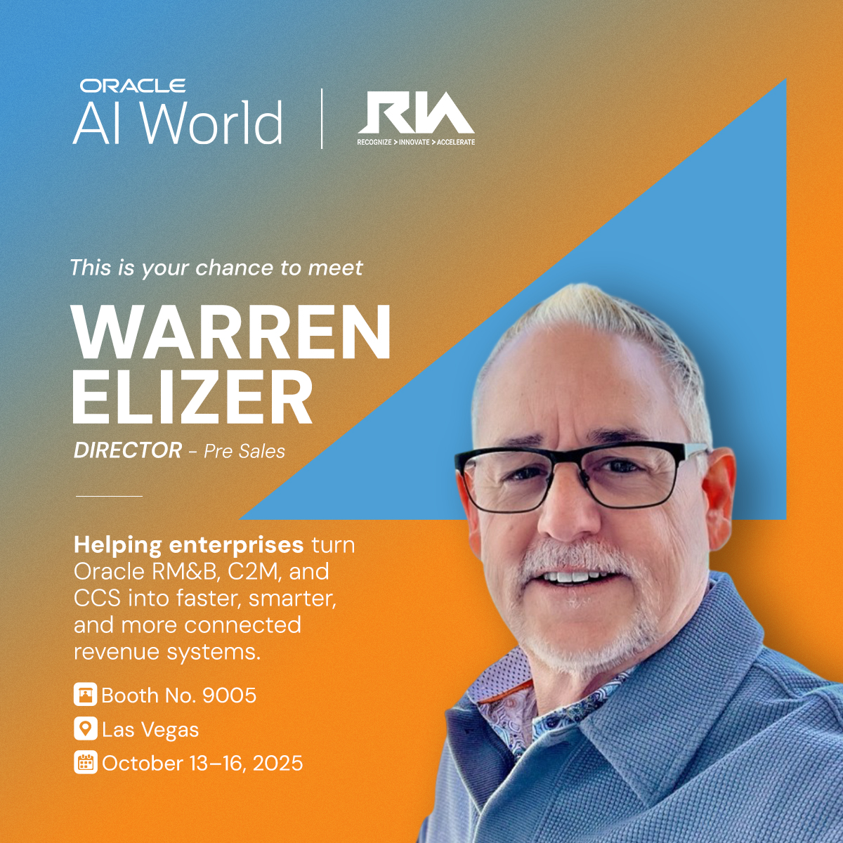 riaadvisory's tweet image. Turning Oracle platforms into measurable impact, that’s where Warren Elizer makes the difference.

Meet him at Booth #9005 during #OracleAIWorld2025 to talk Test Automation, Analytics, and real business outcomes.
