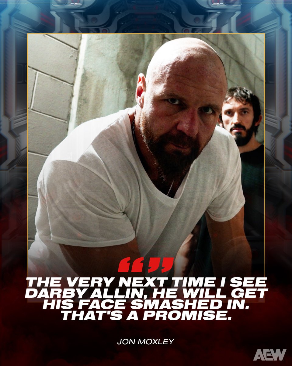 AEW's tweet image. What forces will be able to contain @JonMoxley + @DarbyAllin when they meet face-to-face on #AEWDynamite, THIS WEDNESDAY?