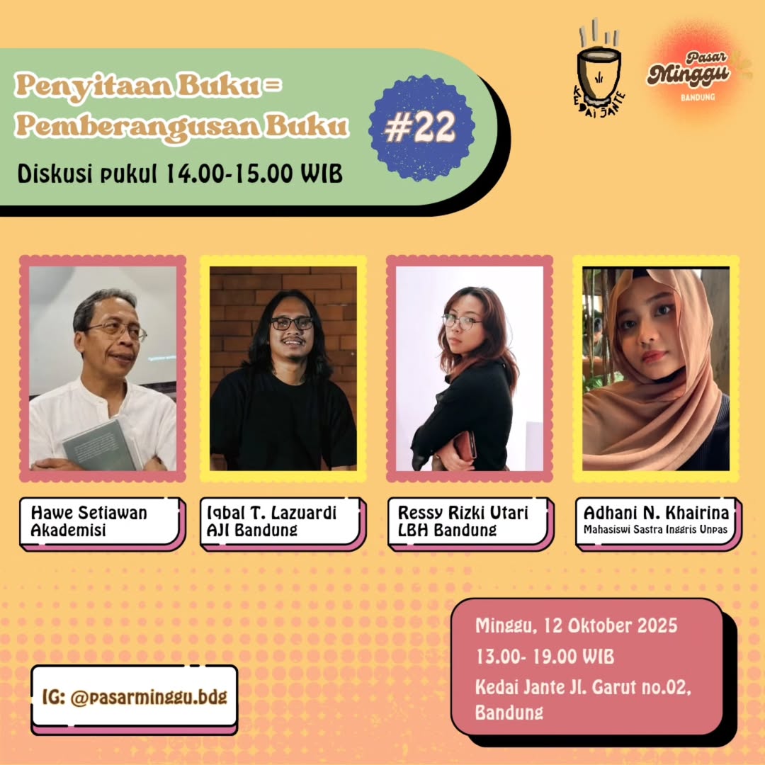 Aliansi Pegiat Literasi Bandung mengajak kawan-kawan semua untuk bertukar wawasan dan bersilaturahmi bersama mulai pukul 1 siang di Kedai Jante. Ada Pasar Minggu juga. Mari merapat.