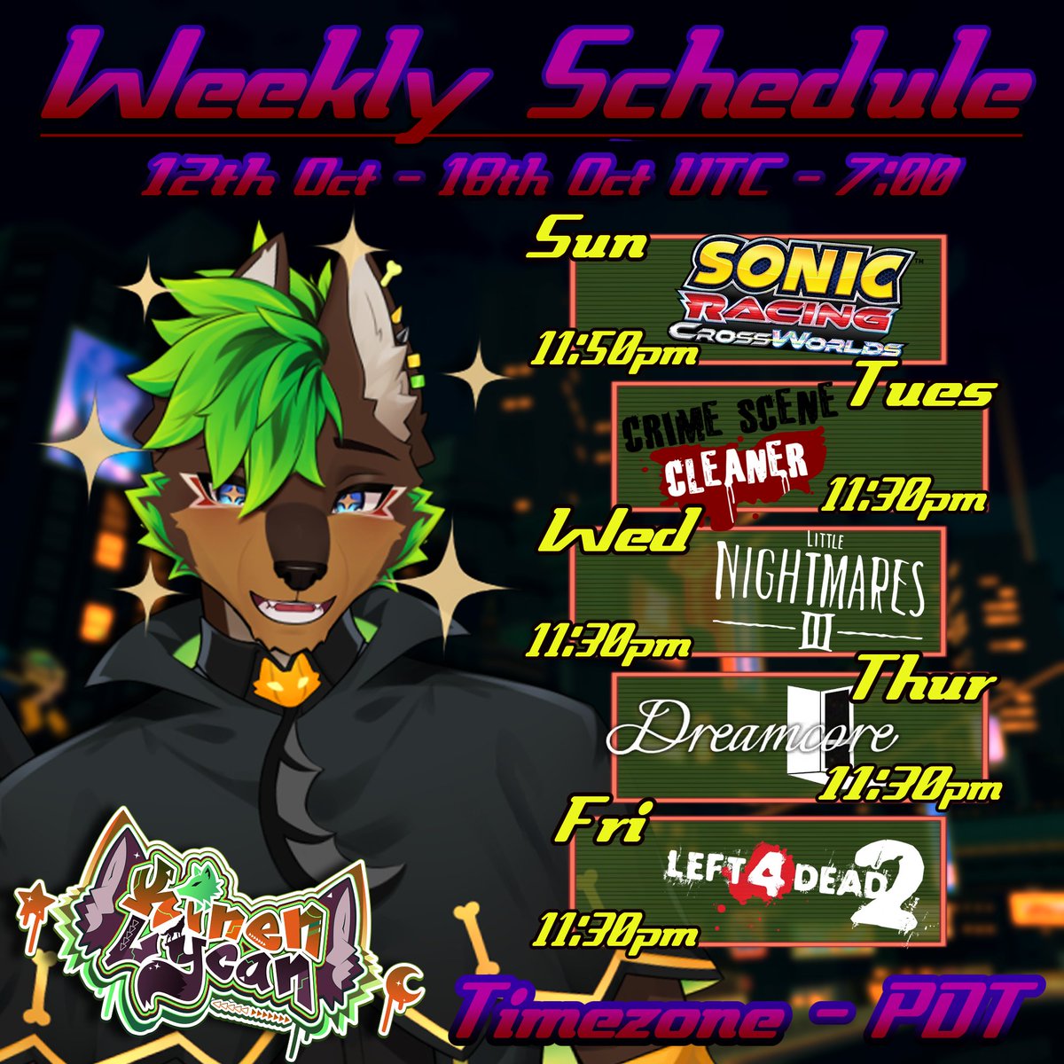 KinenLycan's tweet photo. 🐺🔻Nightmares &amp; Dreams

🏙️ Streams:
Sonic Racing: Crossworlds
Crime Scene Cleaner
Little Nightmares 3 w/ Flair
 Dreamcore 
Modded Left 4 Dead 2 mod w/ the boys! (TIME MAY CHANGE)

More collabs and more frights are coming this week! Stay tuned!!! https://t.co/b0UUm3DuK6