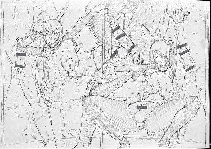 逆バニーで磨いたポールダンス披露しながらセックスパフォーマンスも魅せて、ガチムチの男達と毎回のショーで大儲けしてるKgrSzとOtdmTmk、のラフ お題箱 どっちも巨乳だしこれぐらい盛ってもいいかなって