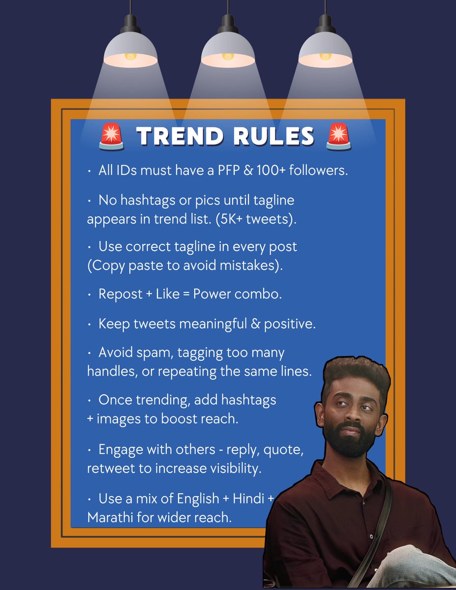Sawan_zp's tweet image. 🚨 Trend Rules - Must Read 🚨

Please go through this post #PranitKiPaltan.

Make sure to use only alphabets with the taglines.

Avoid using any hashtags or images until the tagline starts appearing in the trend list.

Thank you everyone. ❤️

#PranitMore | #BiggBoss19 | #BB19
