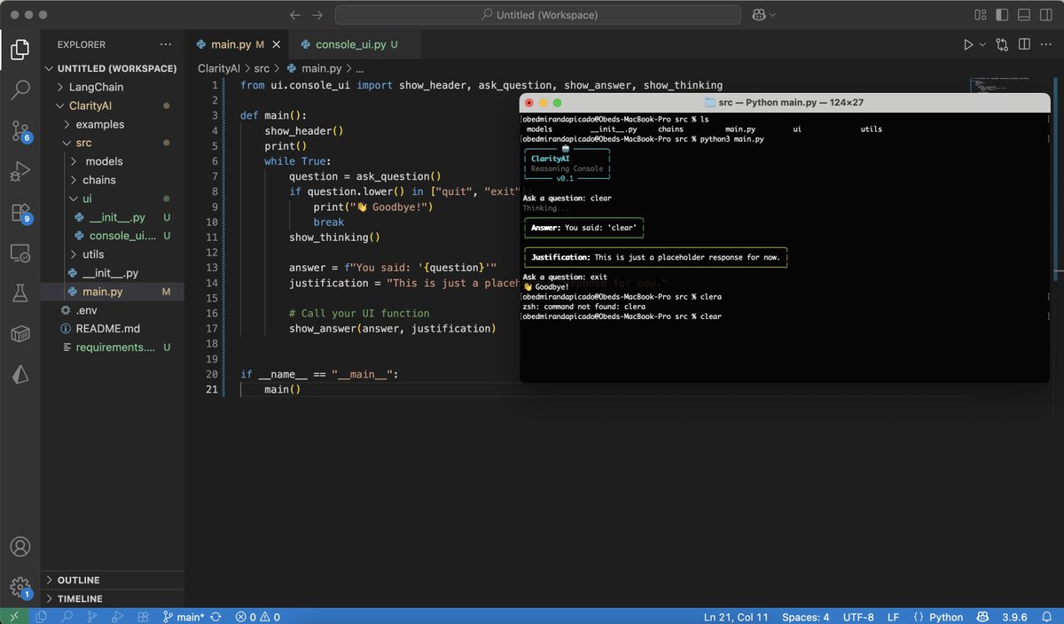 Obed_CR's tweet image. Trabajando un proyectito en #LangChain con #Python para ir probando sus capacidades en agentic AI. 

Si alguien le sabe -&amp;gt; github.com/obedmiranda/Cl…
