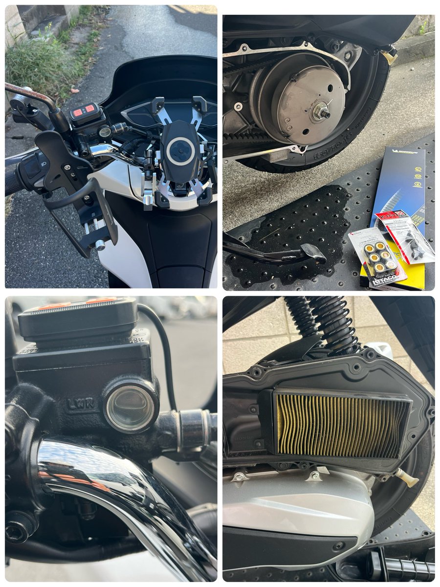 mako_rai_pcx125's tweet image. 2日間かけて無事交換完了したよ😊ブレーキパッド、ブレーキオイル、プラグ、フィルター、駆動系3点ついでにジュールホルダーもつけました🤭駆動系に使われているネジを写真に撮ったので分からなくなったら参考にして下さい😊テスト走行で息子と月見バーガー🌙今日は暖かくて気持ちがいい😊 #バイク