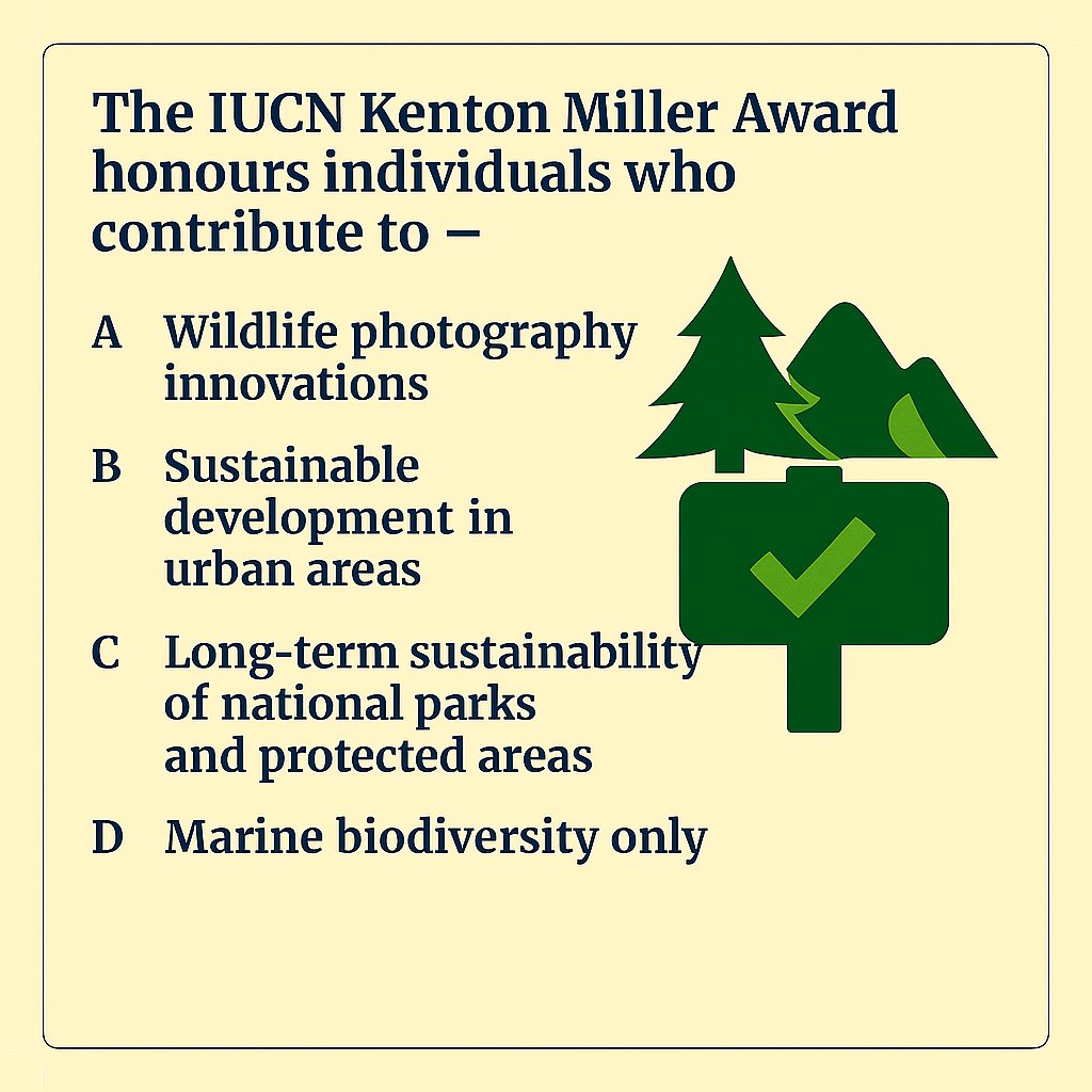 cematerial's tweet image. Current Affairs Quiz🔔🔔🔔:

The IUCN Kenton Miller Award honours individuals who contribute to:

#currentaffairsquiz #currentaffairs 
#UPSC  #SSC #UPSCPrelims2026 #RRB #BPSC