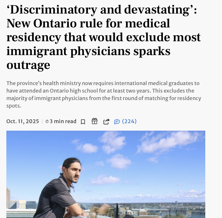 raghu_venugopal's tweet image. I believe all the Ontario Deans of Medicine can inform the Ontario government that between 2 Canadian citizen candidates for residency positions - where you did high school - doesn't help select the most qualified to specialize and contribute to Ontario. 
thestar.com/news/ontario/d…