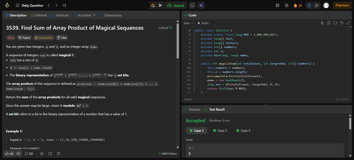 AdarshKumar206's tweet image. Round 2 of #100DaysOfCode
Day 82 of #100DaysOfCode on #leetcode #DSA #LearnInPublic #buildinpublic #remote #connect #remotework #remotejob #java #coding #programming #100daysofcodechallenge #developer #learning #cp

Problem 3539 :  Find Sum of Array Product of Magical Sequences
