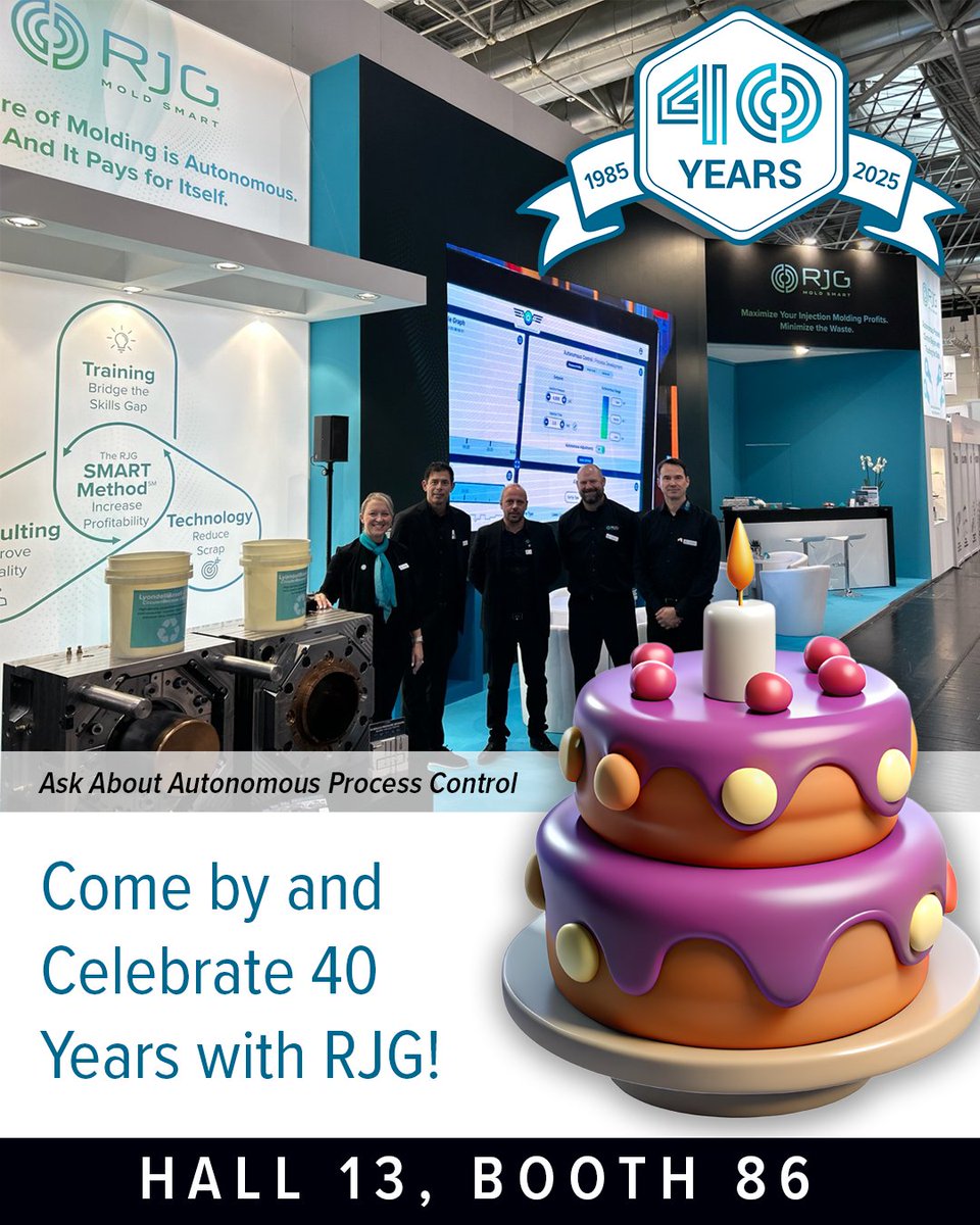 🎉 #K2025 is RJG's 40th Birthday! Huge thanks to our incredible customers, team, partners &amp; friends for being part of the journey 💙

Join us in Düsseldorf to celebrate Autonomous Process Control — Hall 13 | Booth 86! 🥳
zurl.co/gusd2 

#RJGInc #plasticinjectionmolding