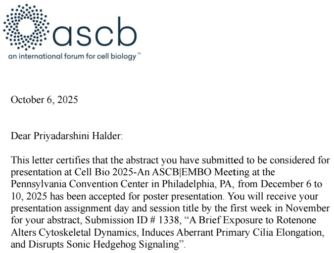 Our scholar pH, aka Priyadarshini, will likely present her work at the world's largest cell biology meeting hosted by <a href="/ASCBiology/">American Society for Cell Biology</a> &amp; <a href="/EMBO/">EMBO</a> given that she receives travel grants to support international travel, registration, and accomodation. We &amp; <a href="/IHS_Presiuniv/">Institute of Health Sciences, Presidency Univ</a> are proud of you!