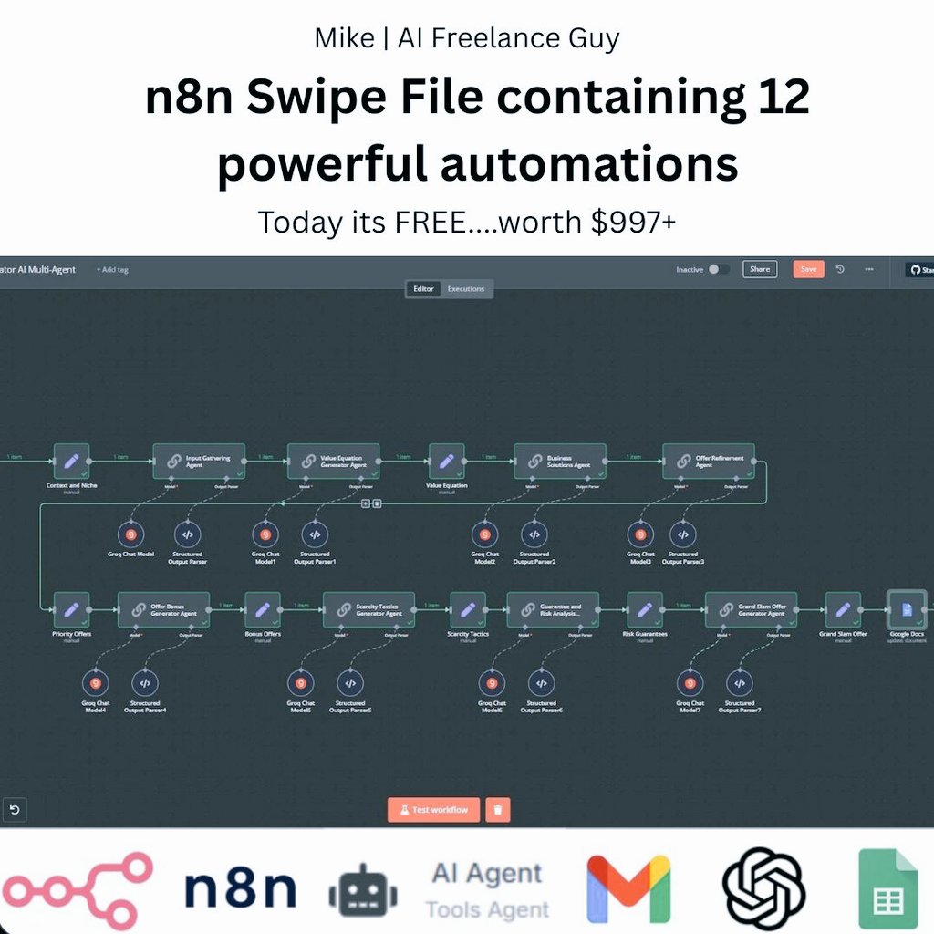 Nourin_withAi's tweet image. For the next 24 hours you can STEAL my N8N swipe file containing 12+ automation's.
All of these can be setup within 60 MINS and SAVE you 10+ HOURS per week.
Easily worth $997+
Today It's yours for FREE
👉RT + Like & Comment “n8n” and I’ll DM you the file
(Must be following).