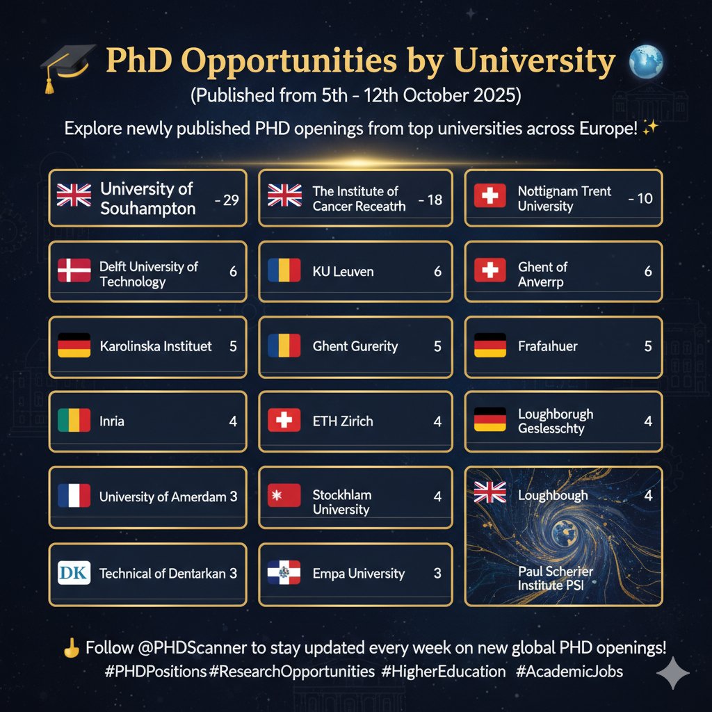 PhdScanner's tweet image. 🎓 PhD Opportunities by University (Published from 5th – 12th October 2025) 🌍

Explore newly published PhD openings from top universities across Europe! ✨

🇬🇧 University of Southampton – 29
🔗 phdscanner.com/phd-vacancies/…

🇬🇧 The Institute of Cancer Research – 18
🔗…