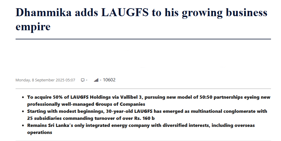 rangaba's tweet photo. A Laugfs subsidiary in Dubai has been blacklisted by the US Treasury for dealing in Iranian gas. Its US assets could be frozen. Dhammika Perera bought into Laugfs last month. Barely a ripple in local media. #powerofadvertising #selfcensorship https://t.co/zpX5hgv287