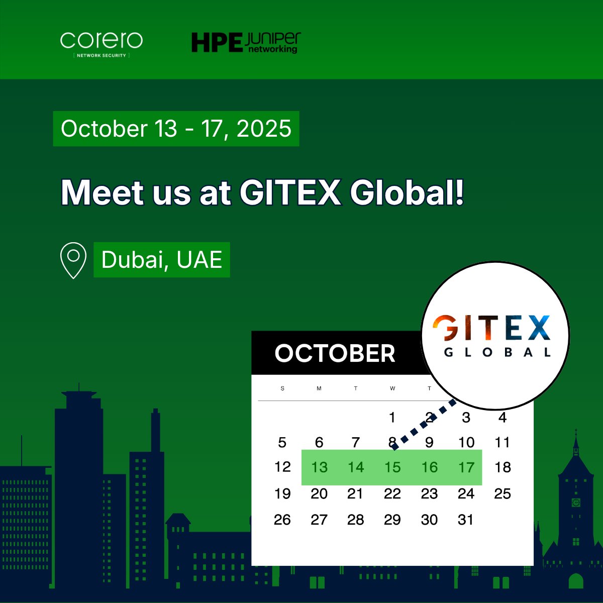 Corero's tweet image. Tomorrow is the day! #GITEXGlobal 2025 is almost here.

Stop by to see how Corero and HPE-Juniper deliver real-time #DDoS protection that secures your #network performance without disruption.

Meet with us: bit.ly/4h4RkES