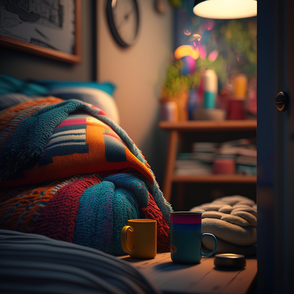 NoBanksNearby's tweet image. 3:11 AM. That plush, riot of woven color on the bed? It's your inner world, vibrant and alive, contrasting with the soft, solitary quiet. Two mugs ready for a warm moment. Be present in this deep, cozy stillness. This minute matters.
#NFTCollection #CreativeCode…