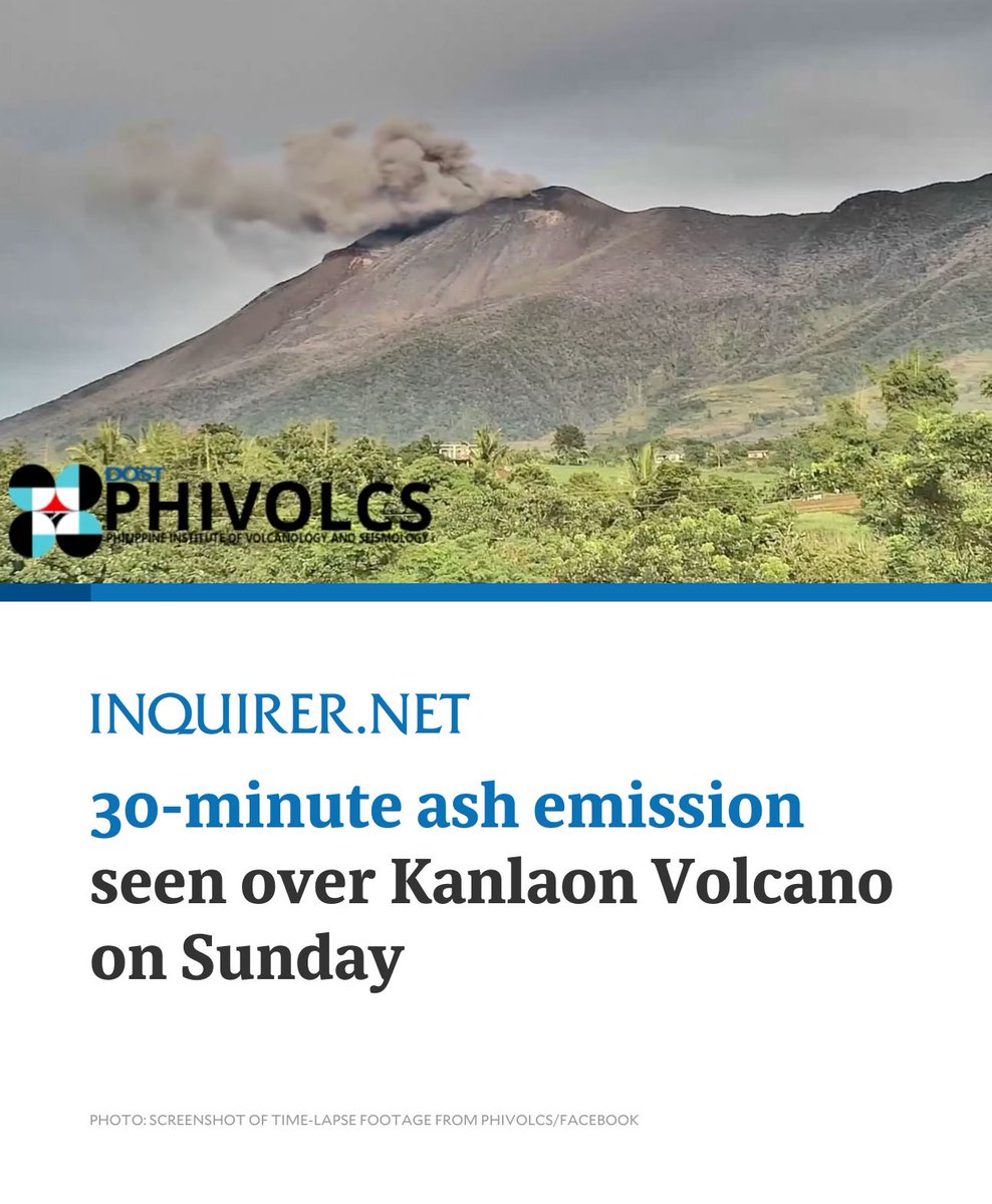 inquirerdotnet's tweet image. A 30-minute ash emission was recorded over the crater of Kanlaon Volcano on Sunday morning, according to the Philippine Institute of Volcanology and Seismology (Phivolcs).

READ MORE: inqnews.net/Kanlaonashemis…