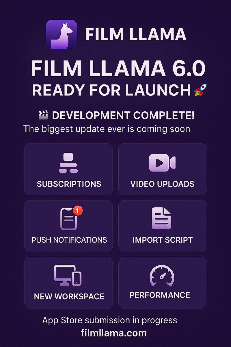 🎬 Film Llama 6.0 dev is DONE!
Rebuilt from scratch in SwiftUI — faster, smoother, and made for filmmakers. 🚀

✨ Subscriptions (Free → Gold)
🎥 Video uploads
📲 Push notifications
📄 Script import
🖥️ New workspace
👤 Updated profiles

Next stop: App Store submission 🎯