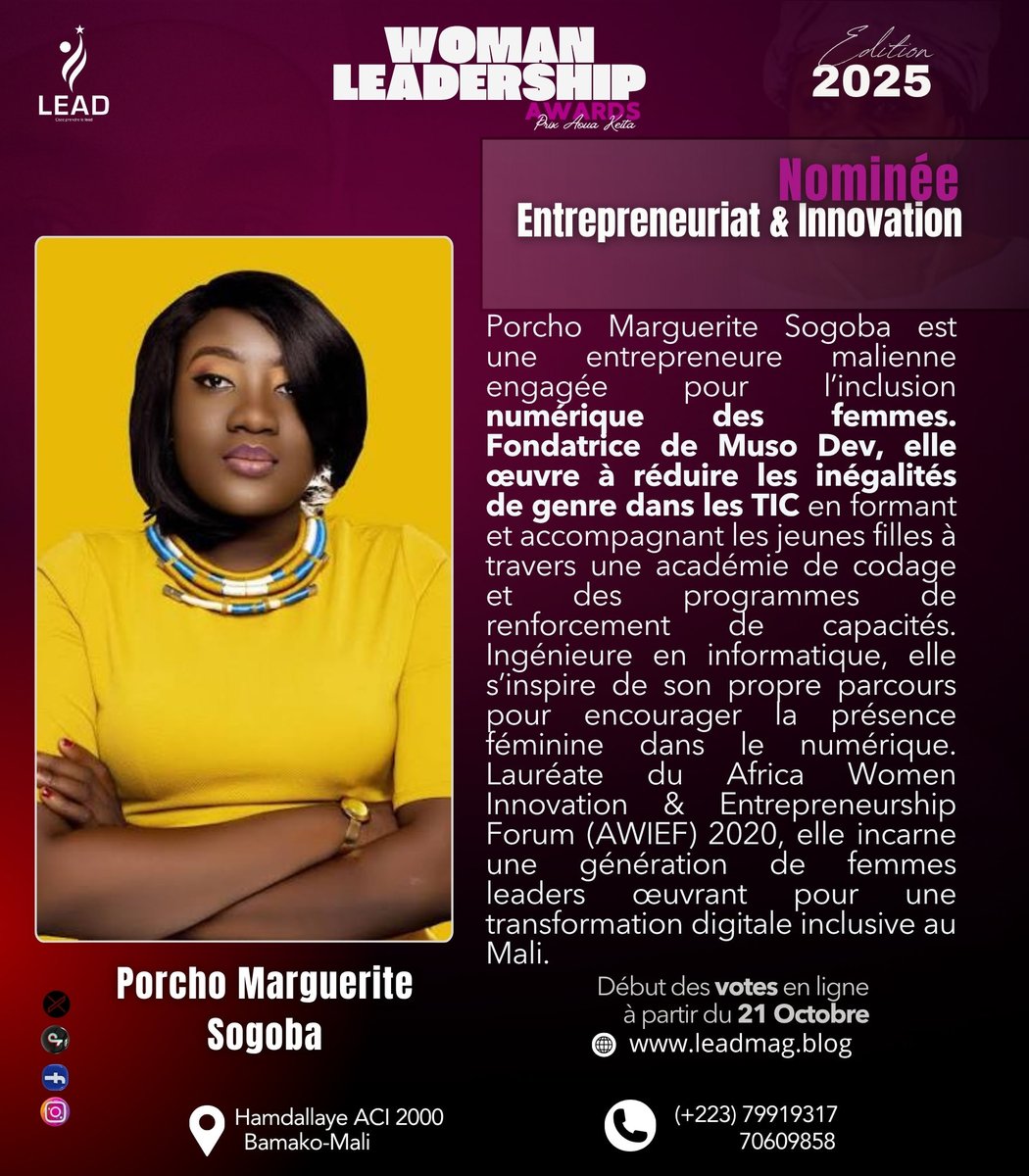 Woman Leadership Awards -Prix Aoua Keïta 2 édition | Nominée Catégorie Entrepreneuriat &amp; Innovation. 1/2 
<a href="/diallo_massaran/">Massaran Diallo 🇲🇱🇳🇬</a>  <a href="/AminataTandia/">Aminata Tandia</a>  <a href="/maliantechie/">Porcho Marguerite  SOGOBA</a> 
#Mali #Leadershipfemini #Womanleadershipawards