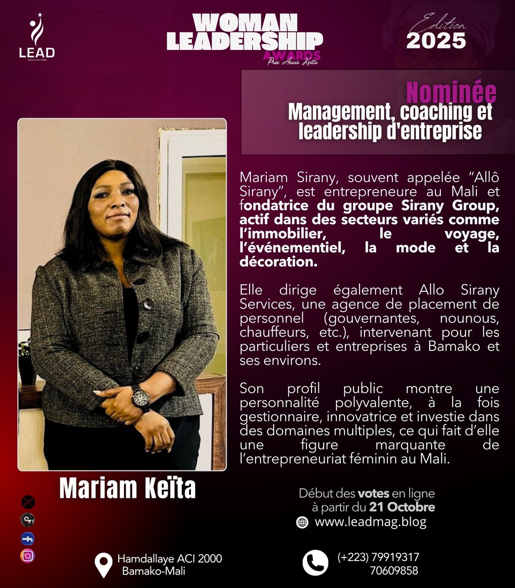leadmagml's tweet photo. Woman Leadership Awards -Prix Aoua Keïta 2 édition | Nominées Catégorie Management, Coaching &amp; Leadership d’entreprise . 2/2 
@louisetraore @mariaminna75 @Mariamkeita 
#Mali #prixaouakeita #leadershipfeminin https://t.co/jmT6erVJcF