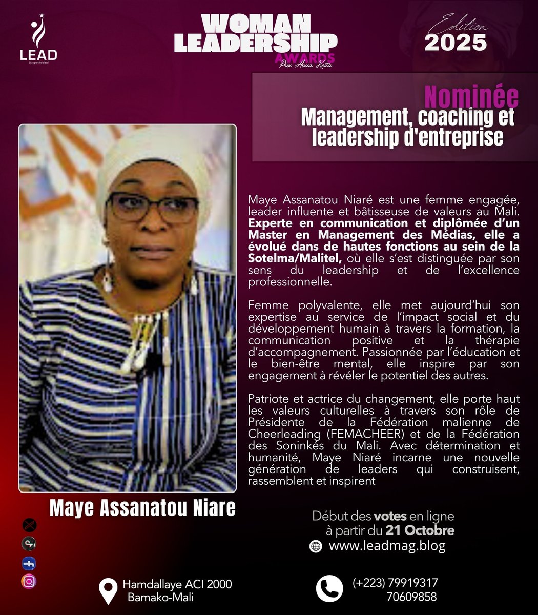 leadmagml's tweet photo. Woman Leadership Awards -Prix Aoua Keïta 2 édition | Nominée Catégorie Management, Coaching &amp; Leadership d’entreprise . 1/2 
@RokiaHacko @Aissatakone @MayeNiare https://t.co/Zsetgp2EtD