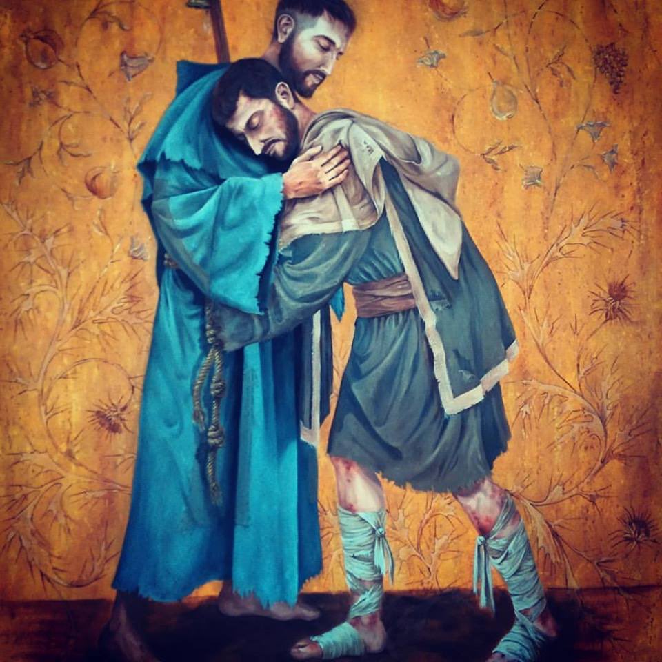 François et le lépreux : « Le Seigneur me donna ainsi à moi, frère François, de commencer à faire pénitence : comme j’étais dans les péchés, il me semblait extrêmement amer de voir des lépreux. Et le Seigneur lui-même me conduisit parmi eux et je leur fis miséricorde. Et en m’en