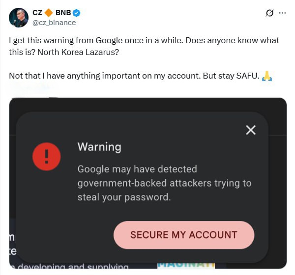 Hackers tried to hack the account of #Binance founder CZ. 
He assumes that behind the attack might stand the North Korean hacker group Lazarus.