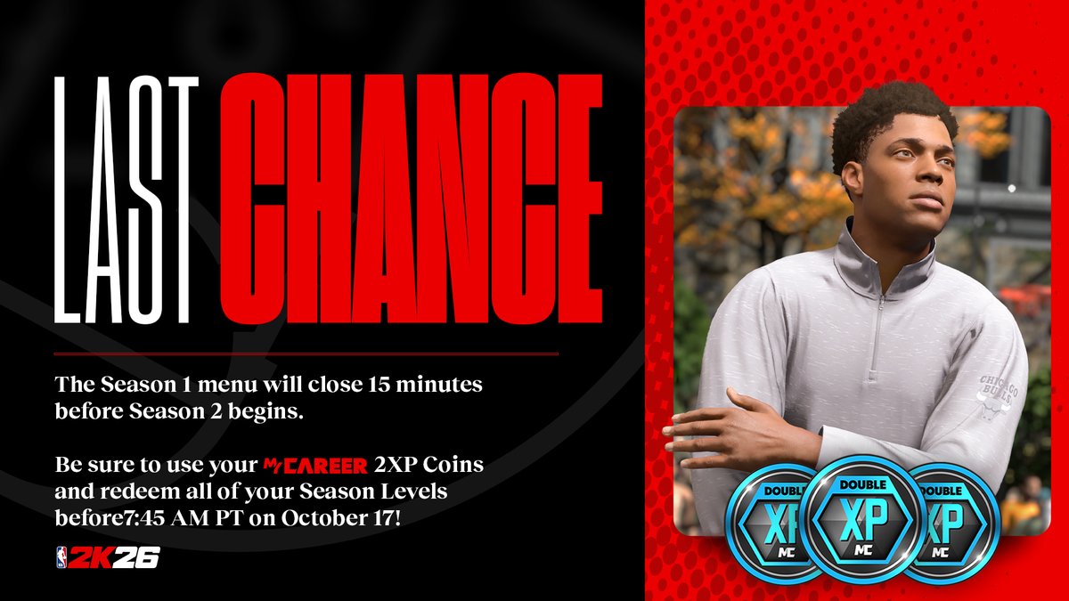 NBA2K's tweet photo. Don't forget to redeem your Season Levels and use your 2XP coins before they expire when Season 2 starts on Friday ⚠️ https://t.co/vKibhXM4mi