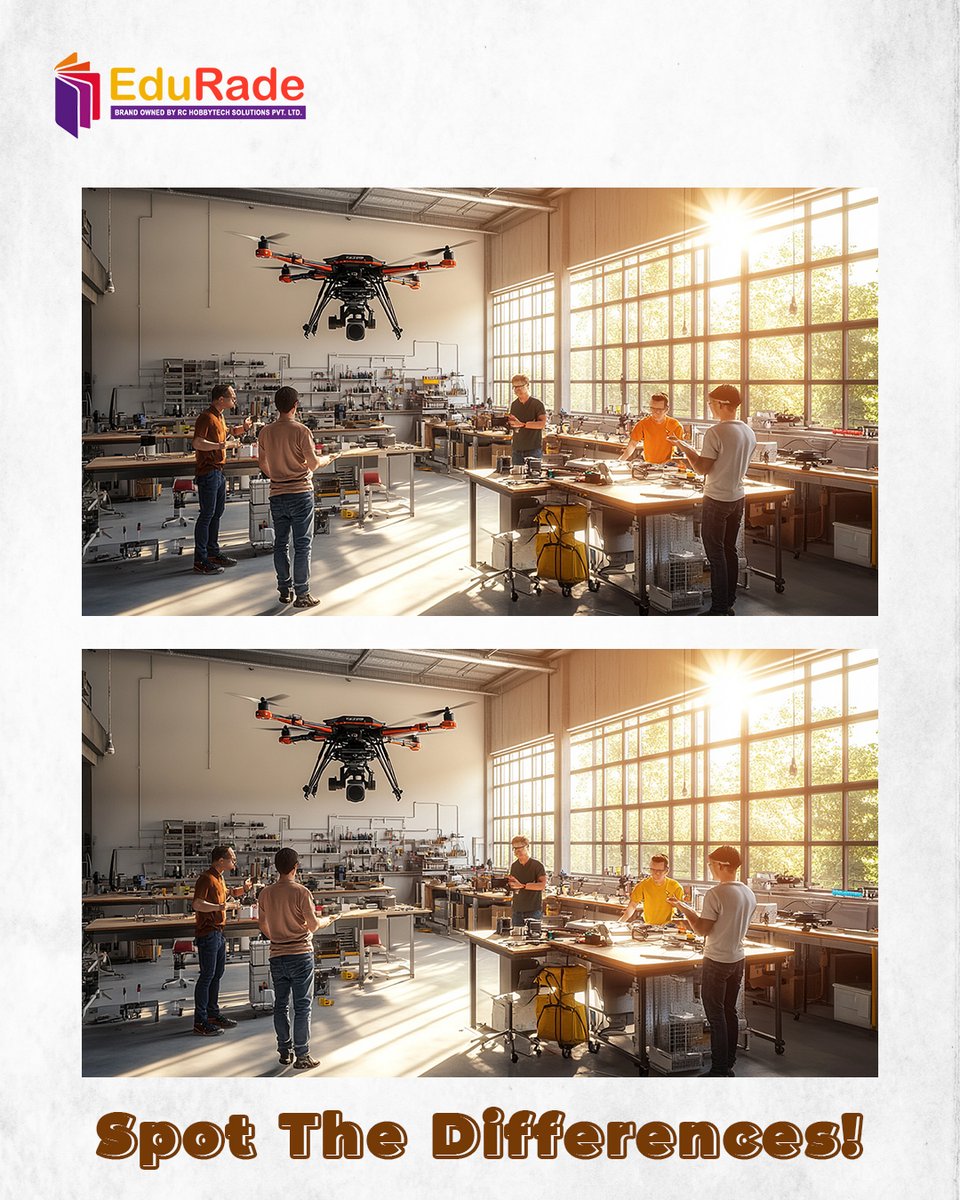 edurade_india's tweet image. Sharpen your focus — the way every expert drone pilot should!

These two images might look the same, but a few subtle changes are waiting to be discovered. Think you’ve got the eye for detail?

Find all the differences and share your answers in the comments!

#GameTime