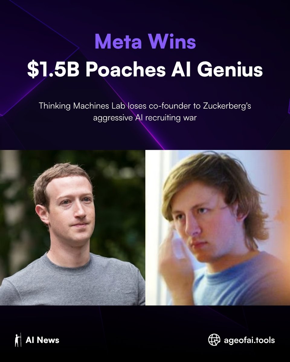 ageofaitools's tweet image. 🚨 Meta just poached Thinking Machines Lab co-founder Andrew Tulloch with a reported $1.5B package. Zuckerberg's AI talent war is heating up! 💰
#AI #Meta #TechNews #AITalent #ArtificialIntelligence #Startup