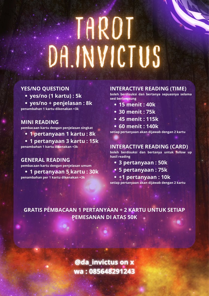 da_invictus's tweet image. TAROT READING MURAH 🔮

Silakan bagi yang berminat mengetahui hubungan asmara, persahabatan, keluarga, keberuntungan, dan keuangan, cek menggunakan baca tarot

interactive love story

langsung dibacain

#zonauang #zonaba #tarot #bacatarot

wa.me/6285648291243 (fast respon)