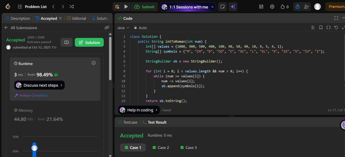 SoumyajitSingh_'s tweet image. Day 14/100 – #LeetCode100DaysChallenge
Problem: Integer to Roman
Time: O(1) | Space: O(1) | Runtime: 3 ms (beats 98.49%)
Consistency compounds — one problem a day keeps confusion away
#100DaysOfCode #LeetCode #Java #DSA #GreedyAlgorithm #CodingChallenge #ProblemSolving #Zigbee