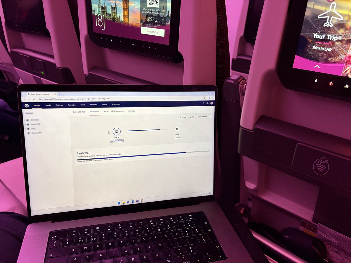 callumbwhyte's tweet image. Could this be the highest altitude @Umbraco upgrade ever…?! Completing a v8->v13->v16 upgrade AND deploying to #Umbraco Cloud at 40,000 ft on my way to London 🚀
Impressively I’m remoting into my machine back home in Sydney and you wouldn’t even know, thanks to Starlink WiFi 🤯