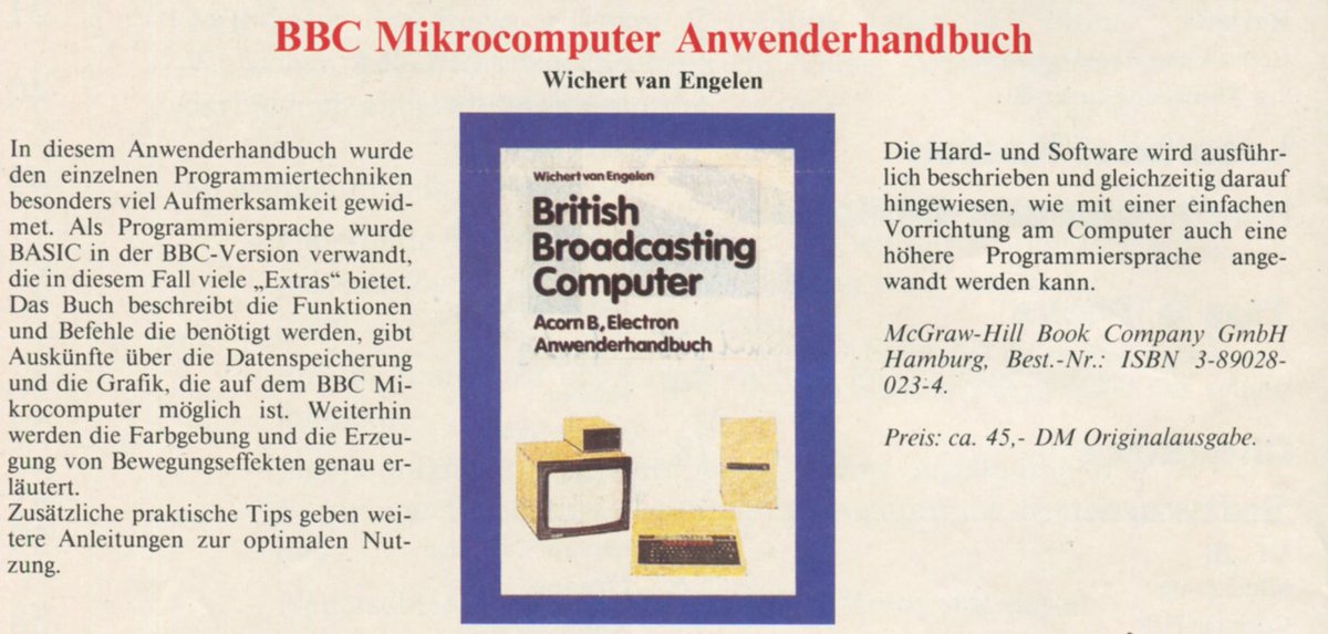 Retrojournal_de's tweet image. 📘BBC Mikrocomputer Anwenderhandbuch
Wichert van Engelen erklärt BASIC in der BBC-Version – mit vielen Extras, Tipps und Grafik-Tricks.
Acorn B &amp;amp; Electron für ca. 45 DM – McGraw-Hill, Hamburg. Ein Stück britischer Computer­geschichte 🇬🇧💾 #BBCMicro #Acorn #RetroComputing #BASIC