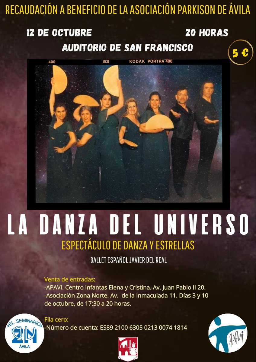 ¡¡¡Últimas entradas!!!

<a href="/javierdelrealha/">Javier del Real</a> y su ballet que ofrecerán el espectáculo "La Danza el Universo"

Recaudación a favor de <a href="/ParkinsonAvila/">Parkinson Ávila</a>

🏤 Auditorio de San Francisco
📅 12 de octubre
🕗 20 horas (apertura de taquillas media hora antes del evento, 19:30 horas)
💶 5 euros