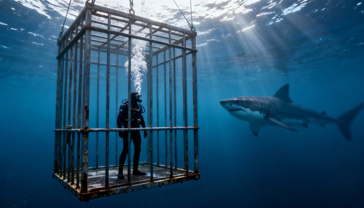 PromptSin's tweet photo. Escape the cage before it's too late! 🌊🦈#MarineConservation #OceanWeek https://t.co/uxGiKUP58N