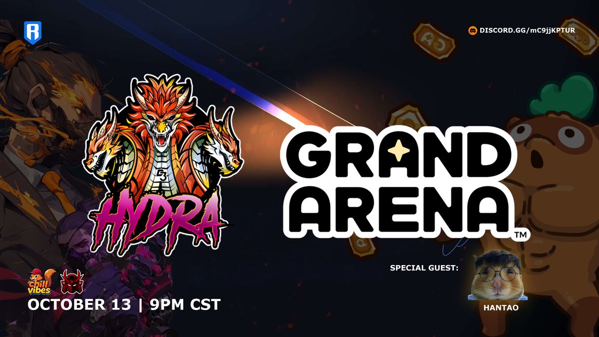 Grand Arena’s heating up and <a href="/Moku_HQ/">Moku✨</a>'s own <a href="/Hantao/">Hantao✨</a> is dropping fresh alpha live! 

Hydra’s teaming up with <a href="/KaizenOnchain/">KZN 👹</a> and <a href="/0xChillVibes/">Chill Vibes</a> for this one. 

Pull up Mon at 9PM CST in our Discord.

Grab that early info and let’s lock in our edge before the battles begin 🫡