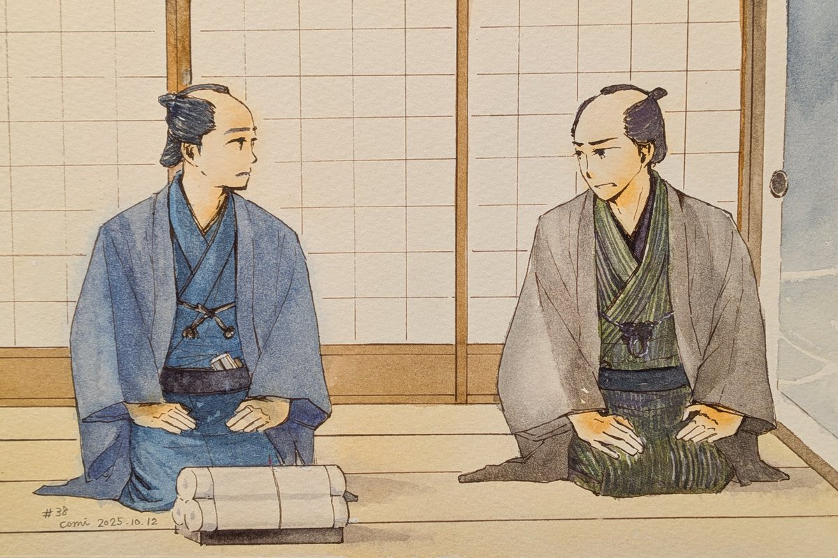 c_omi_e's tweet image. べらぼう　第３８回
「怒らないで！」
「謝ってるだけじゃねえですか！」

蔦重をたしなめる鶴屋さん。
かつて対立してた人が強力な味方になるのが嬉しい。(鱗形屋さんも再登場〜！)
#大河べらぼう #べらぼう絵