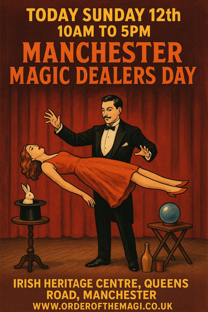 roylehypnotist's tweet image. TODAY 12th OCT = MAGIC TRICK DEALERS DAY

At Irish Heritage Centre, Queens Rd, Manchester

10am to 5pm

orderofthemagi.co.uk/dealersday

24 Tables of NEW &amp;amp; Second Hand Magician, Mentalism, Entertainer, Hypnosis, Illusions, Magic Props, Books &amp;amp; Tricks

#Manchester #Magic #Magician #RT