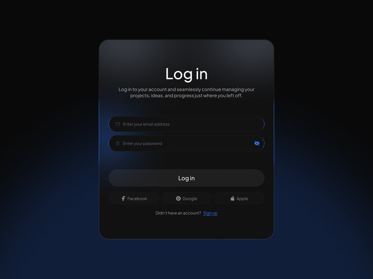 jishad488's tweet image. Modern Dark Login UI

Details view : dribbble.com/shots/26639202…

Sleek dark-mode login screen with glassmorphism &amp;amp; clean, user-friendly design.
💌 Reach me: jishad488@gmail.com

#UIUX #UIDesign #DarkMode #WebDesign #dribbble #figma #CleanUI #SaaSDesign