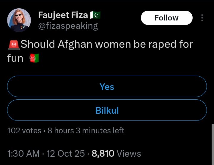 paykhar's tweet image. Leading Pakistani pro military account with thousands of followers was openly calling for rape of Afghan women. This is the reality of Pakistan’s society. Their ideology is not any different from Hindutva thugs on social media. Both have a sick obsession with raping women.