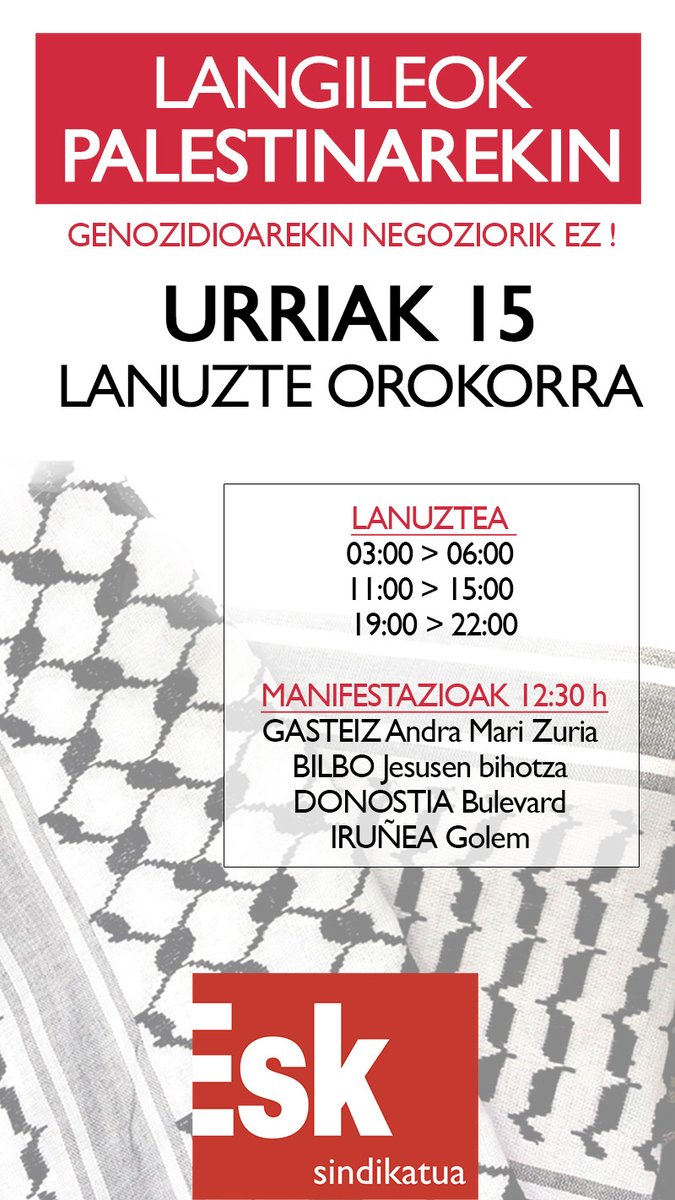 ESK-tik urriaren 15eko mobilizazio orokorrean parte hartzera animatzen zaituztegu, herri palestinarraren genozidioa amaitzea eta Israelekin harremanak moztea eskatzeko. Hemen dituzue lanuzteko ordutegiak eta informazio praktikoa. Mobiiza zaitez!
▶️ esk.eus/index.php/eu/b…