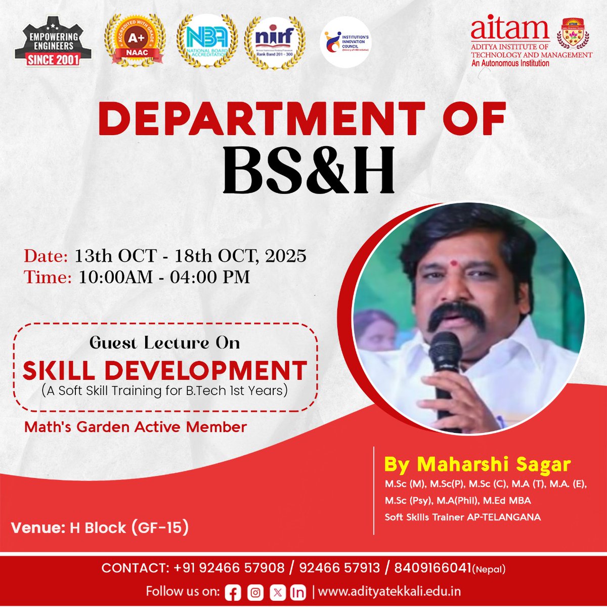 AitamOfficial's tweet image. AITAM is excited to announce an upcoming guest lecture on Skill Development exclusively for 1st Year B.Tech students, featuring Mr. Maharshi Sagar, a highly experienced and inspiring trainer.

#aitam #aitamtekkali #skilldevelopment #softskills #careergrowth