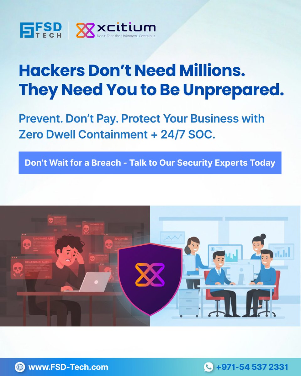 FsdTechnologies's tweet image. 💥 A Single Cyberattack Could Cost Your SMB Thousands.
Prevention Is Cheaper Than Recovery — Protect With Zero Dwell + 24/7 SOC.
📖 Read the Full Blog: blogs.fsd-tech.com/cyberattack-co…
#CyberSecurity #SMBProtection #FSDTech #ZeroDwell #RansomwarePrevention #CyberDefense #ITSecurity