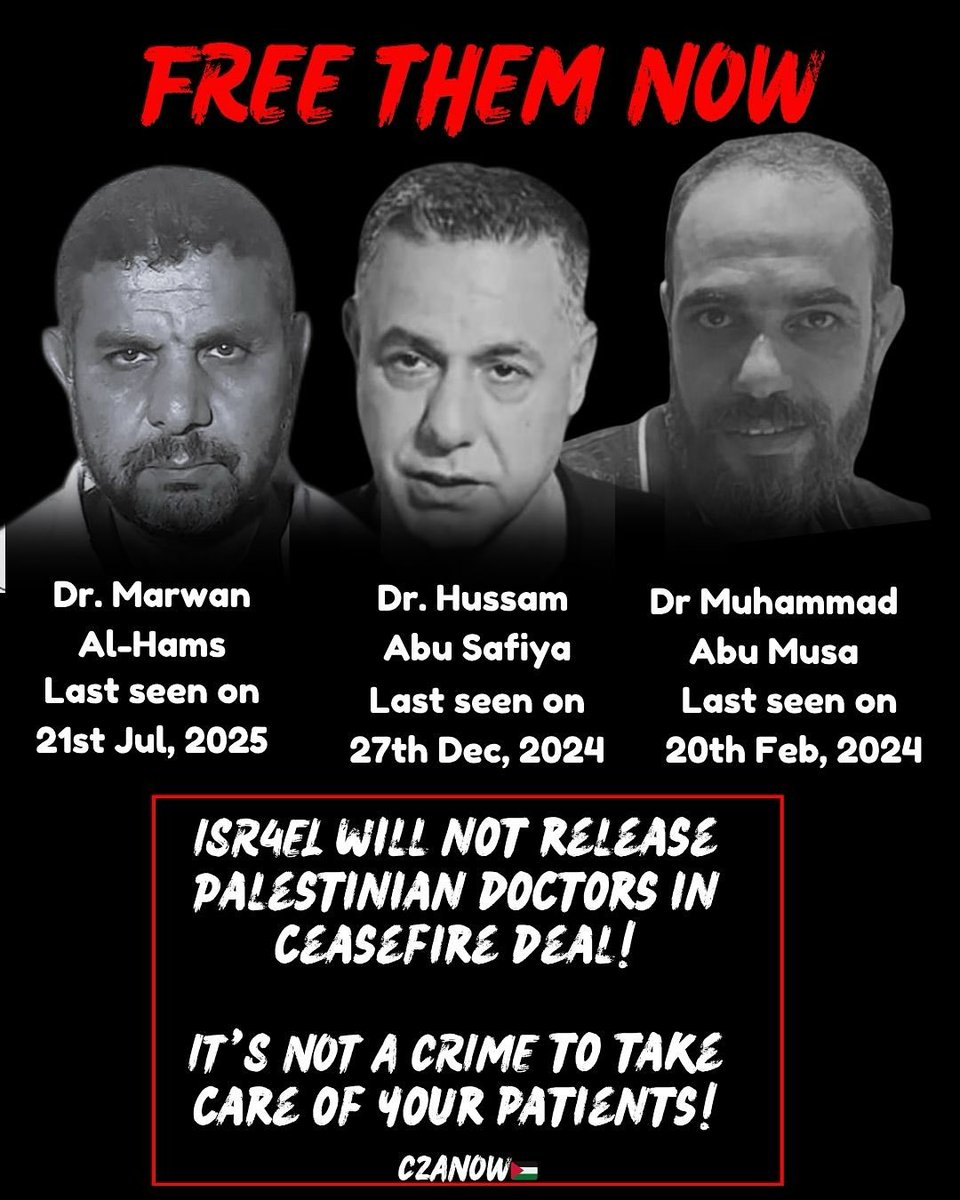 Free Them All
#FreeDrMarwanAlHams 
#FreeDrHussamAbuSafia
#FreeDrMuhammedAbuMusa
#FreeThemAll

<a href="/UN/">United Nations</a>
<a href="/amnesty/">Amnesty International</a> <a href="/antonioguterres/">António Guterres</a> <a href="/WHO/">World Health Organization (WHO)</a> <a href="/CIJ_ICJ/">CIJ_ICJ</a> <a href="/IntlCrimCourt/">Int'l Criminal Court</a>

Post from <a href="/Call2actionnow/">Call2ActionNow</a>