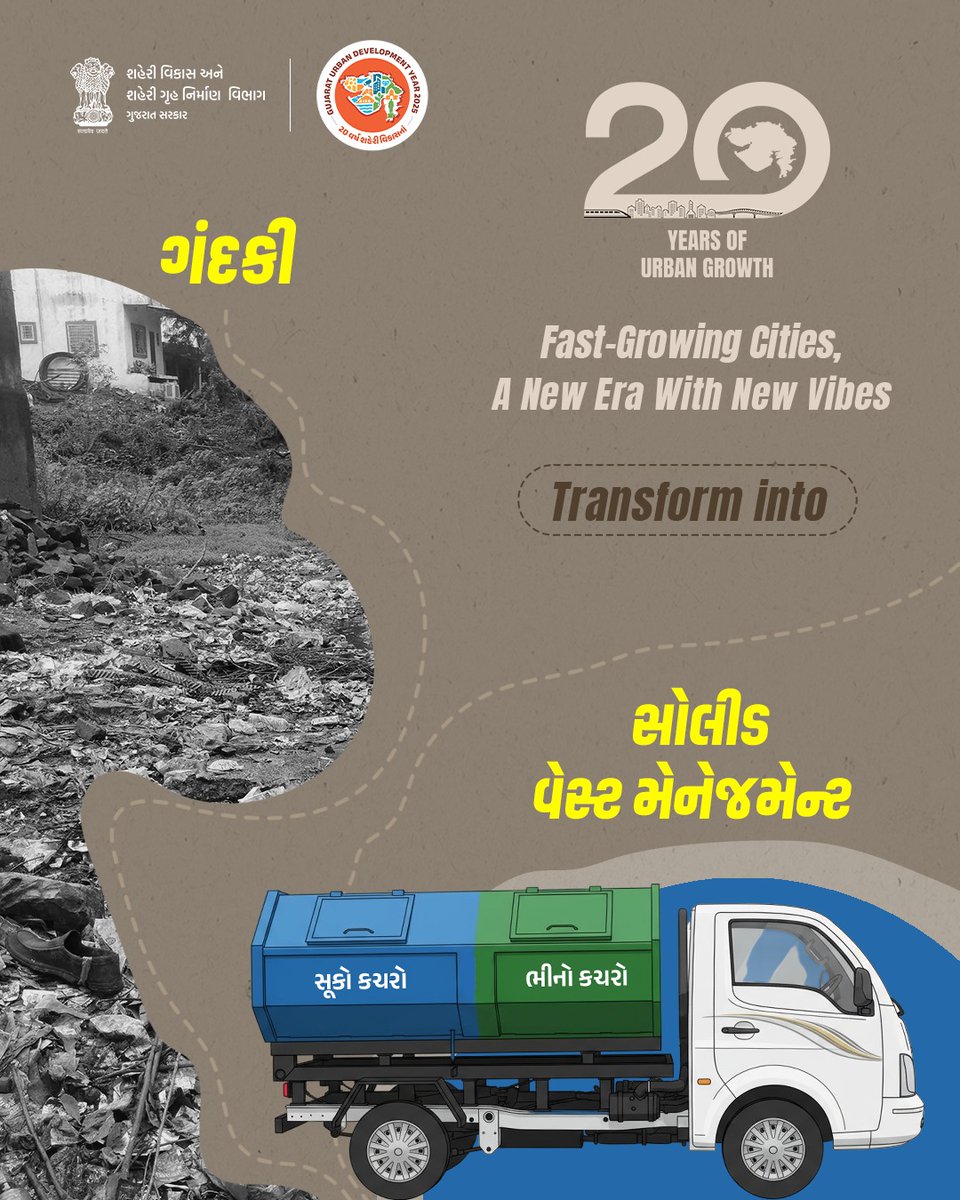 Fast-Growing Cities,
A New Era with New Vibes.

સોલીડ વેસ્ટ મેનેજમેન્ટ થકી રાજ્યના શહેરો બની રહ્યા છે સ્વચ્છ અને સુઘડ.

#UDY2025