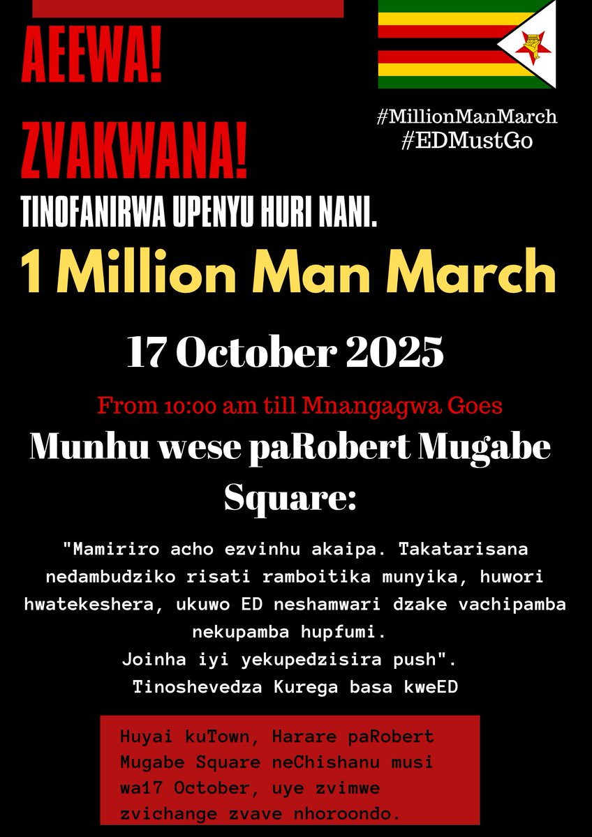 Zim_Bird's tweet photo. Aeewa! Zvakwana!
Cha! Sekwanele!
Enough is Enough!

We call for the Resignation of ED.
17 October We Join.

Share these Posters on WhatsApp. 1 million people at Mugabe Square https://t.co/wzt3WLR6qT